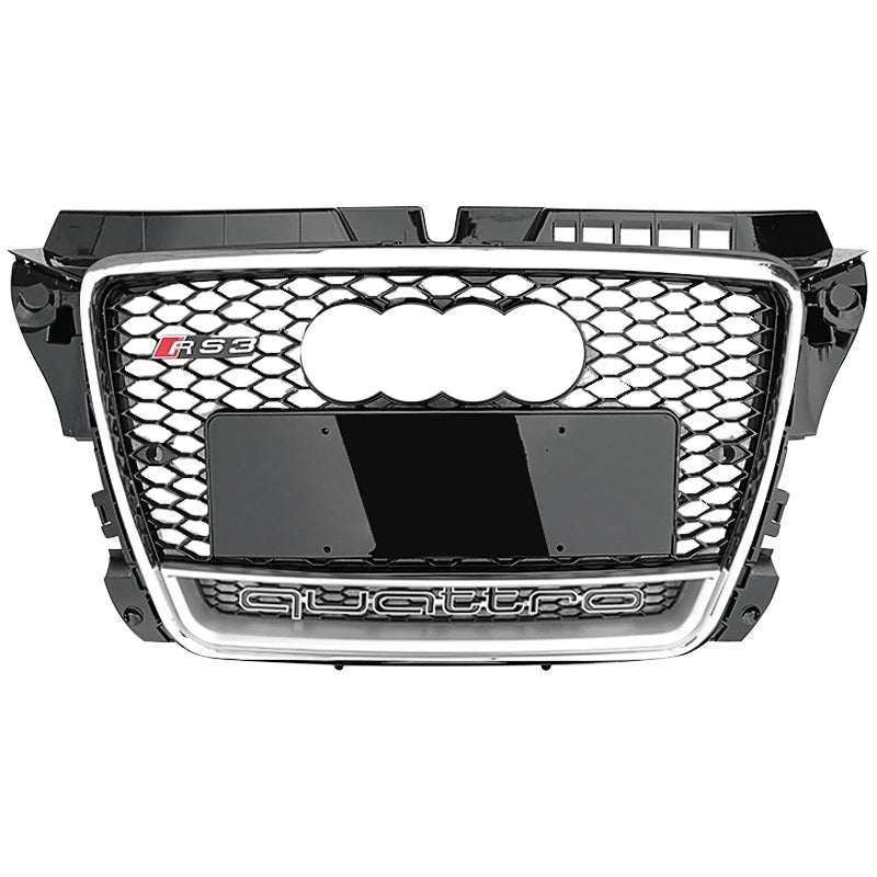 RS3 Style Front Grille for Audi A3 S3 2007-2013 Honeycomb Mesh Grill Black and Chrome Frame